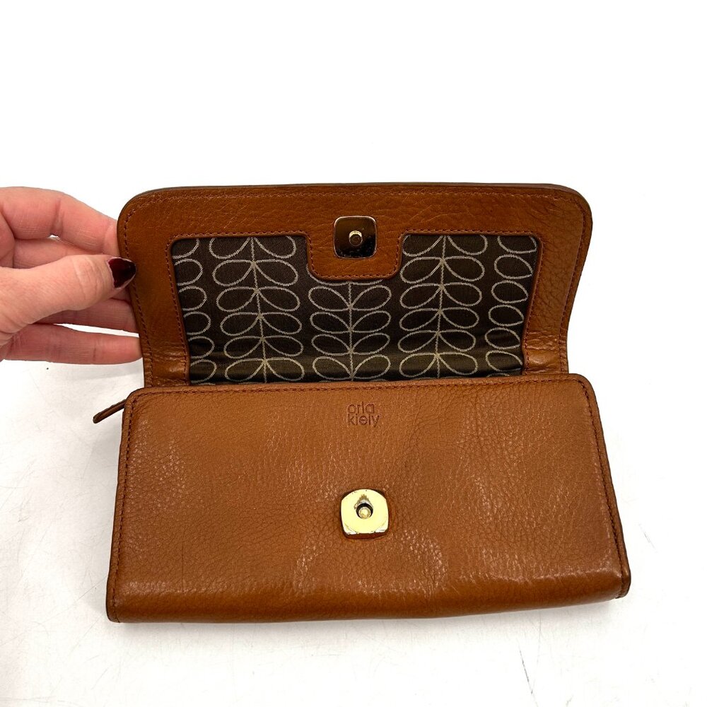 ORLA KIELY Brown Gold Leather Stem Snap Button Zip Pocket Long Wallet & Dust Bag - Picture 7 of 8